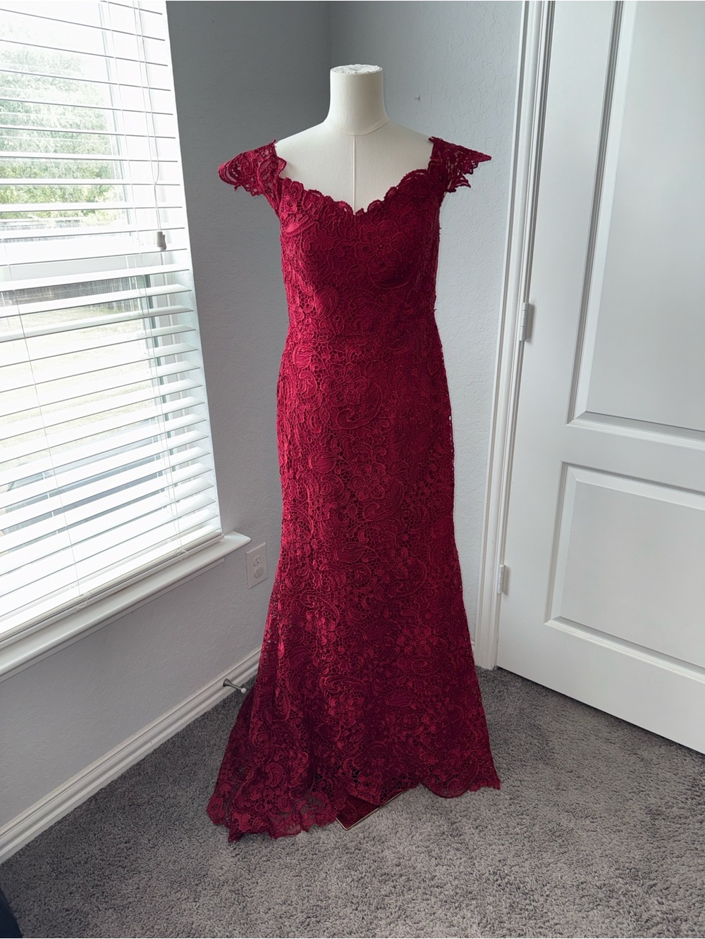 JJs House Burgundy Lace Maxi Dress with Cap Sleeves
